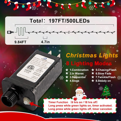 Rynx | Sauirs 197Ft 500 Led Warm White Christmas Light Strings, Water Resistant, 8 Modes, Timer, Indoor/Outdoor