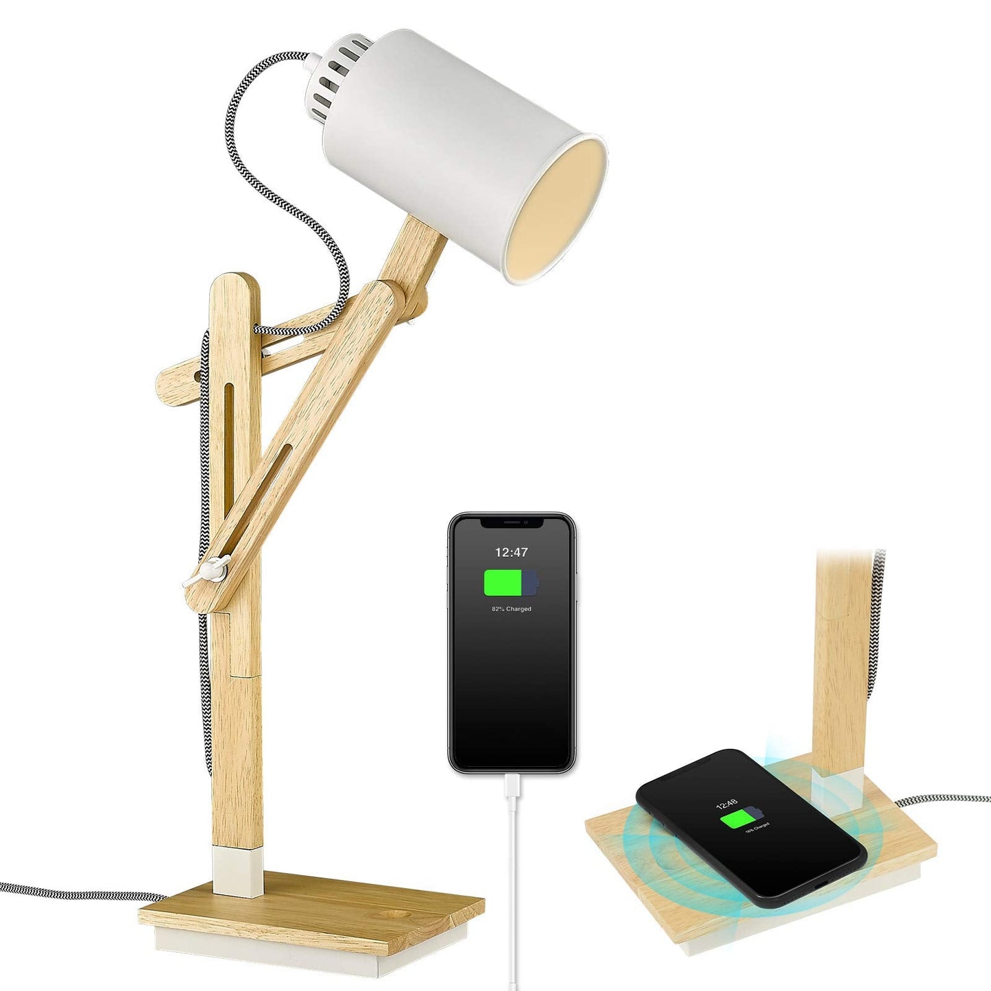 Rynx | Elyona Wireless Charging White Desk Lamp, Touch Control Rubber Wood Table Lamp With USB Charging Port, Swing Arm Reading Light For Office, Studio, Living Room Bedroom, Farmhouse, Bulb Included