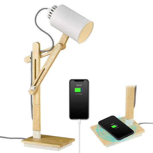 Rynx | Elyona Wireless Charging White Desk Lamp, Touch Control Rubber Wood Table Lamp With USB Charging Port, Swing Arm Reading Light For Office, Studio, Living Room Bedroom, Farmhouse, Bulb Included