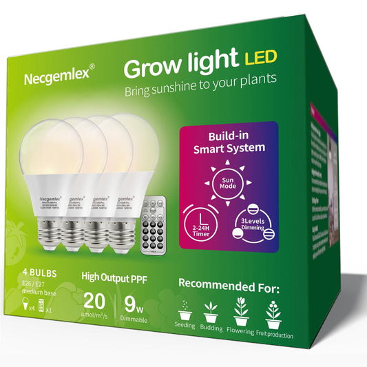 Rynx | Necgemlex Smart LED Grow Light Bulbs with Remote Control, Sun Simulation Mode, Built-in Automatic Timer, A21/A70 E26/E27 9W Dimmable Full Spectrum Intelligent Plant Grow Bulbs for Indoor Plants, 4 Pack