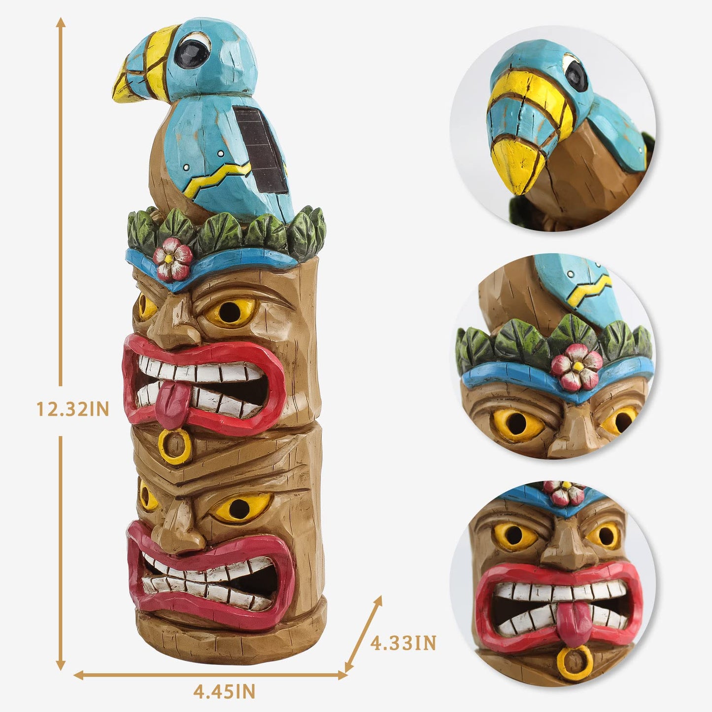 Rynx | Eptuega Tiki Totem Pole - 12.32" Solar Tiki Hut Decor For Outdoor Patio Garden, Woodpecker Bird