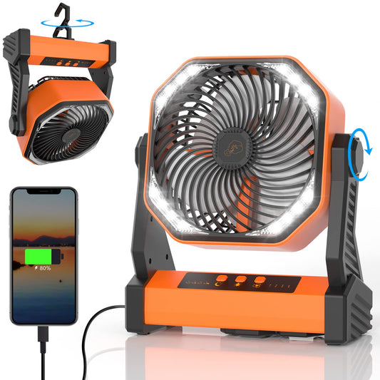 Rynx | Camping fan with LED lamp, 20000Mah rechargeable battery-powered tent fan, 270° rotation, 4 speeds, USB charging, personal USB fan for camping, travel, fishing, power outages, hurricane, job site