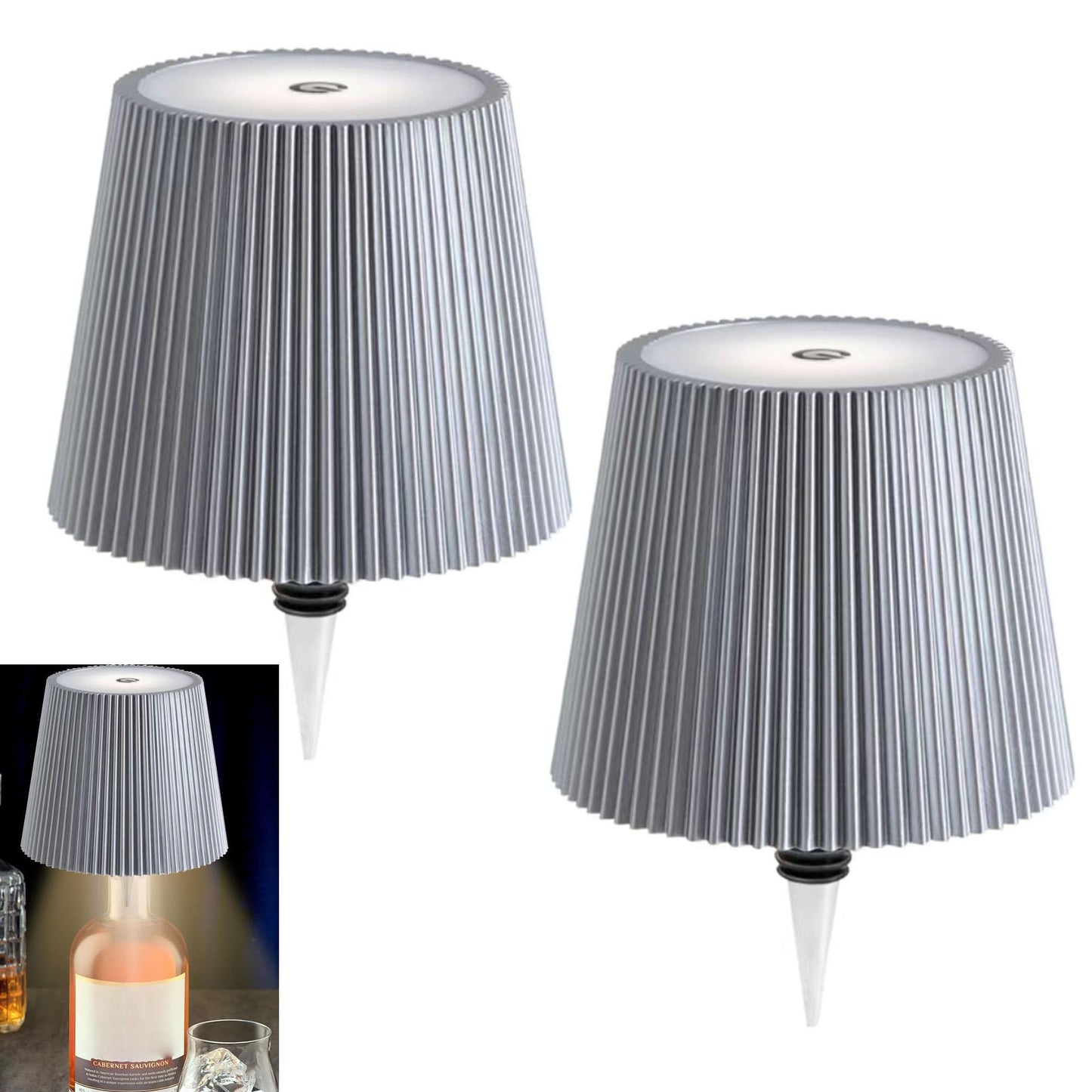 Rynx | Aimars Thread Lamp Bottle, LED Wine Bottle Light Rechargeable Bottle Light, Stepless Dimming Table Lamp With 3 Color Temperatures For Bedroom/Restaurants/Bars/Outdoor Dining (Silver Stripe-2 Packs)