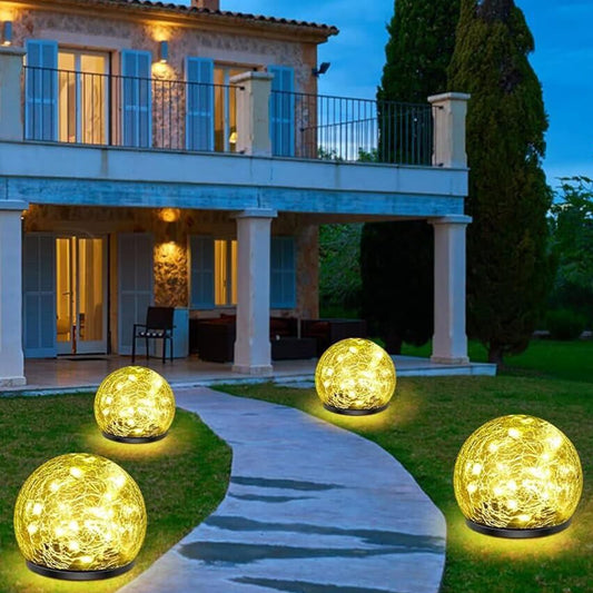Rynx | Keevvon Solar Garden Lighting, 4 Pack 120 LED Warm White Cracked Glass Solar Outdoor Light Decorative, Upgraded Waterproof Globe Lights For Yard Path Patio Grass Christmas Outdoor Decor, 3.94"