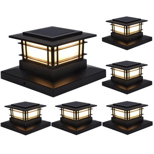 Rynx | Dynamic 6 Pack Solar Post Light Outdoor, Solar Powered Stone Head Light, High Brightness Warm White SMD LED Lighting Decor for Garden Terrace Patio, Fits 4X4, 5X5 or 6X6 Wood Posts