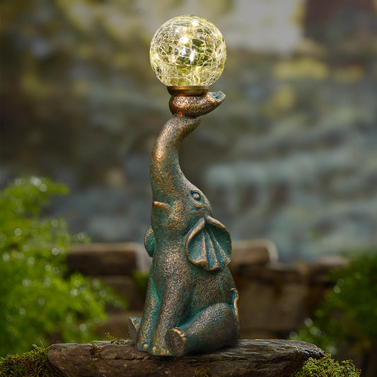 Rynx | Mininova Outdoor Garden Decor Statues Elephant With Cracked Glass Ball, Cute Sun Figurine For Terrace, Grass, Garden Art Ornament D
