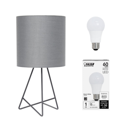 Rynx | Simple Design Lt2066-Gog-Lb 14" Down To The Wire Table Lamp For Bedroom, Living Room, Hallway, Office, Gray With Gray Shade, With Bulky Led Light Bulb Included
