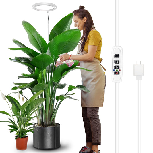 Rynx | 10" LED Ring Grow Light For Indoor Plants, 160Leds Full Spectrum Large Plant Lighting For Indoor Plants, Height Adjustable Grow Lamp With Automatic On/Off Timer 3/9/12H, 9 Dimmable Brightness Levels, White