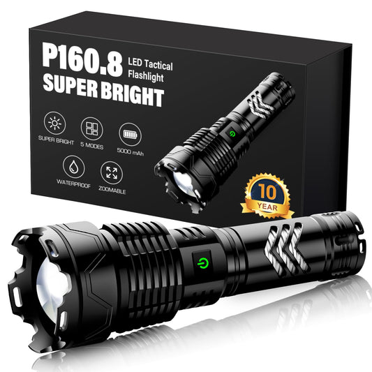 Rynx | Sinvimes 990000Lm Rechargeable Tactical Flashlight, Zoomable, 6 Modes, IPX7 Waterproof, Black