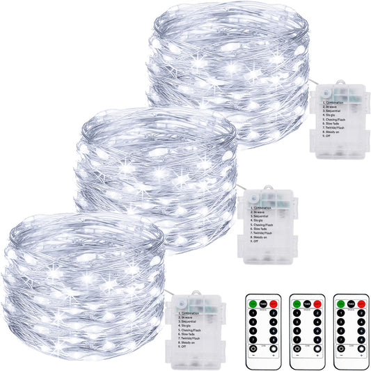 Rynx | 3 Pack 33Ft 100Led Adventure Light Sources Battery Operated With Remote Control And Timer, Ip65 Waterproof Dimmable Copper Wire 8 Modes Flashing Lighting For Indoor Outdoor Bedroom Christmas Decor - Cold White