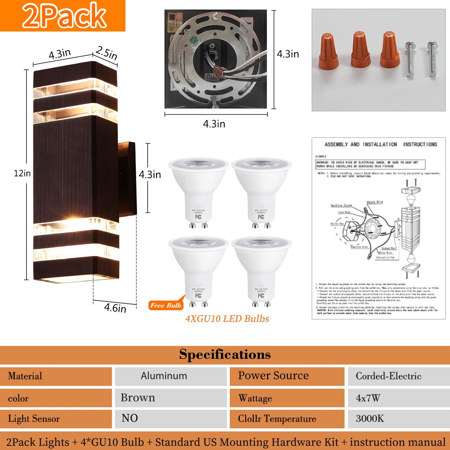 Rynx | Zsmaiku Brown Outdoor Wall Lamps, 2-Tier Waterproof Garage Light Fixtures, 3000K Warm White, 2Pcs
