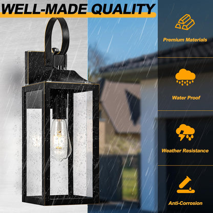 Rynx | Yolsunes black outdoor wall lamp, 19" courtyard wall lamp, waterproof metal lantern with gold trim