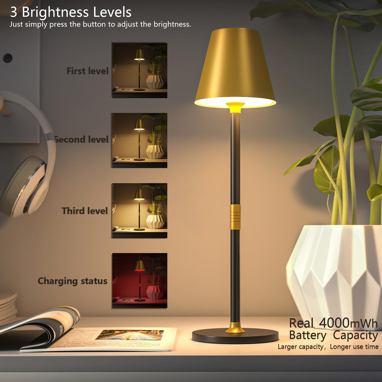 Rynx | Timjorman Modern LED Wireless Table Lamp, 4000Mah Rechargeable, 3-Level Brightness, Gold & Black