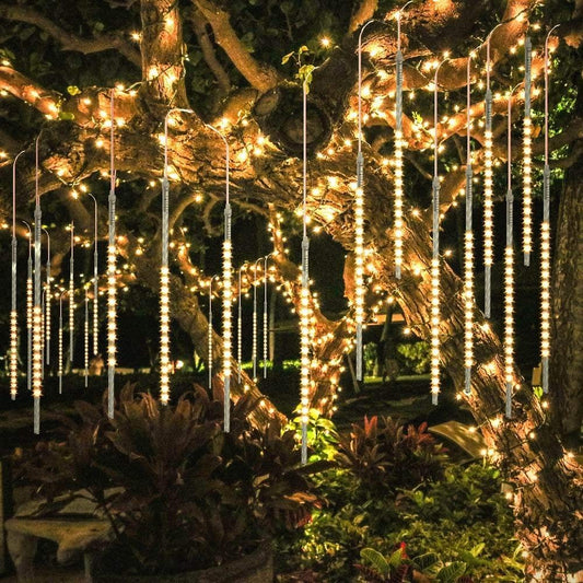 Rynx | Bluefire Meteor Shower Lights, 19.68 Inches 10 Tubes 540 Leds Outdoor Icicle Christmas Lights, Waterproof Falling Rain Lights For Three Holidays Veranda Garden Patio Ceiling Fest Decoration (Warm White)
