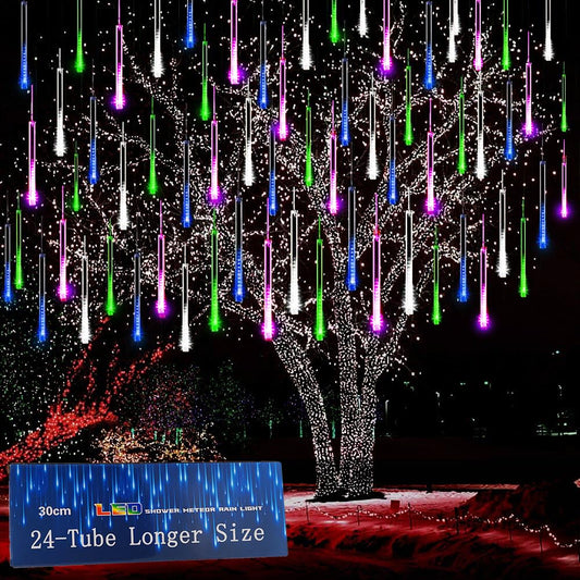 Rynx | Kwaiffeo Istapplys light outdoor, 24 tubes (equivalent to package of 3 8-tube) meteor rain lights for Christmas Halloween decorations garden party tree, multicolored (purple blue green white)