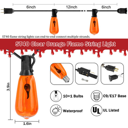 Rynx | Cbebew 10Ft Halloween Flickering Flame Light Strings, 10 Orange Edison Bulbs For Outdoor Decoration