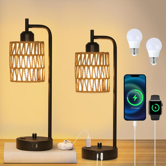 Rynx | Stepeak Rattan Table Lamps For Living Room Set of 2, Boho Bedside Lamps With Led Bulbs, Usb Charging Ports And Outlet, Curtain Nightstand Lamp With Woven Shade, Black Desk Lamp For Bedroom Office
