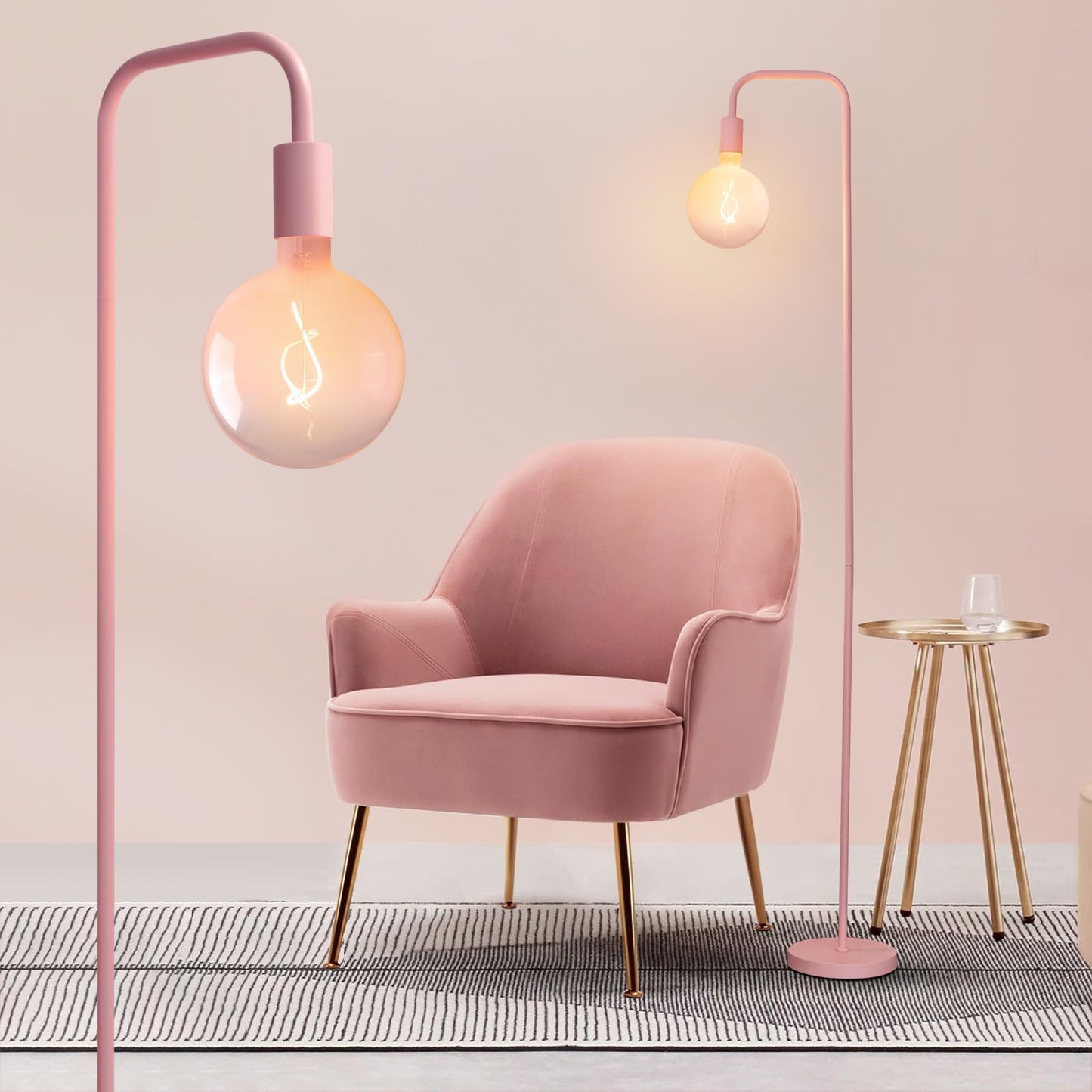 Rynx | Onewish Pink Floor Lamp For Bedroom, Cute Standing Lamp With Led Lamp, Transparent Pink Globe Glass 2700k Warm Lighting. Globe F
