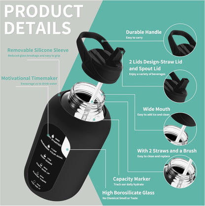 RYNX | Motivational Glass Water Bottle 900ml with Straw