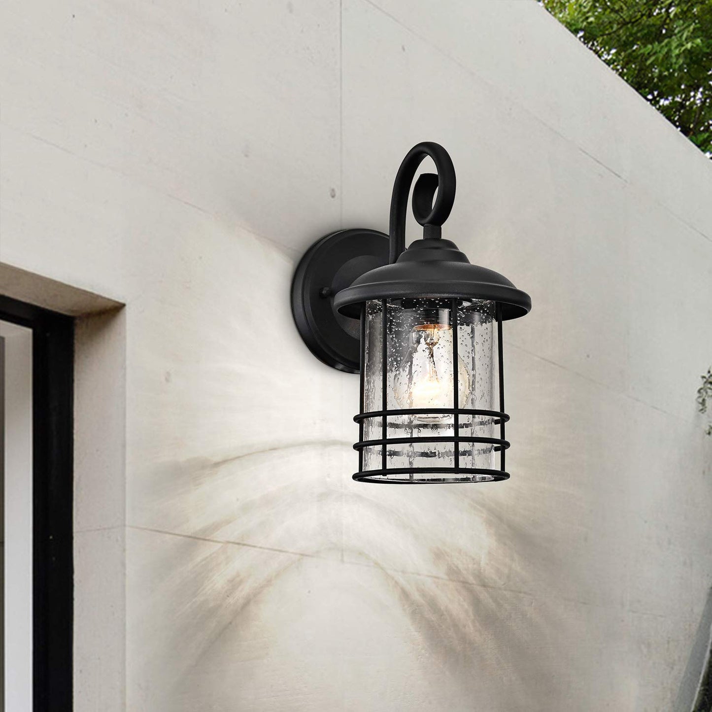 Rynx | Micsiu 10" Textured Black Outdoor Wall Lamp 2 Pack - Seed Glass Lanterns For Entrance, Patio