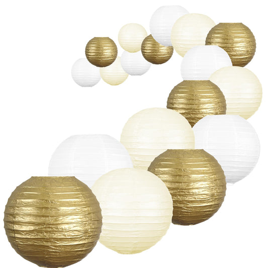 Rynx | Uniqooo 18Pcs Metallic Gold Paper Lantern Wedding Decoration Set, Assorted Hanging Gold Japanese Paper Lanterns, Reusable Easy to Assemble, For New Year Christmas Birthday Baby Shower Party Favors