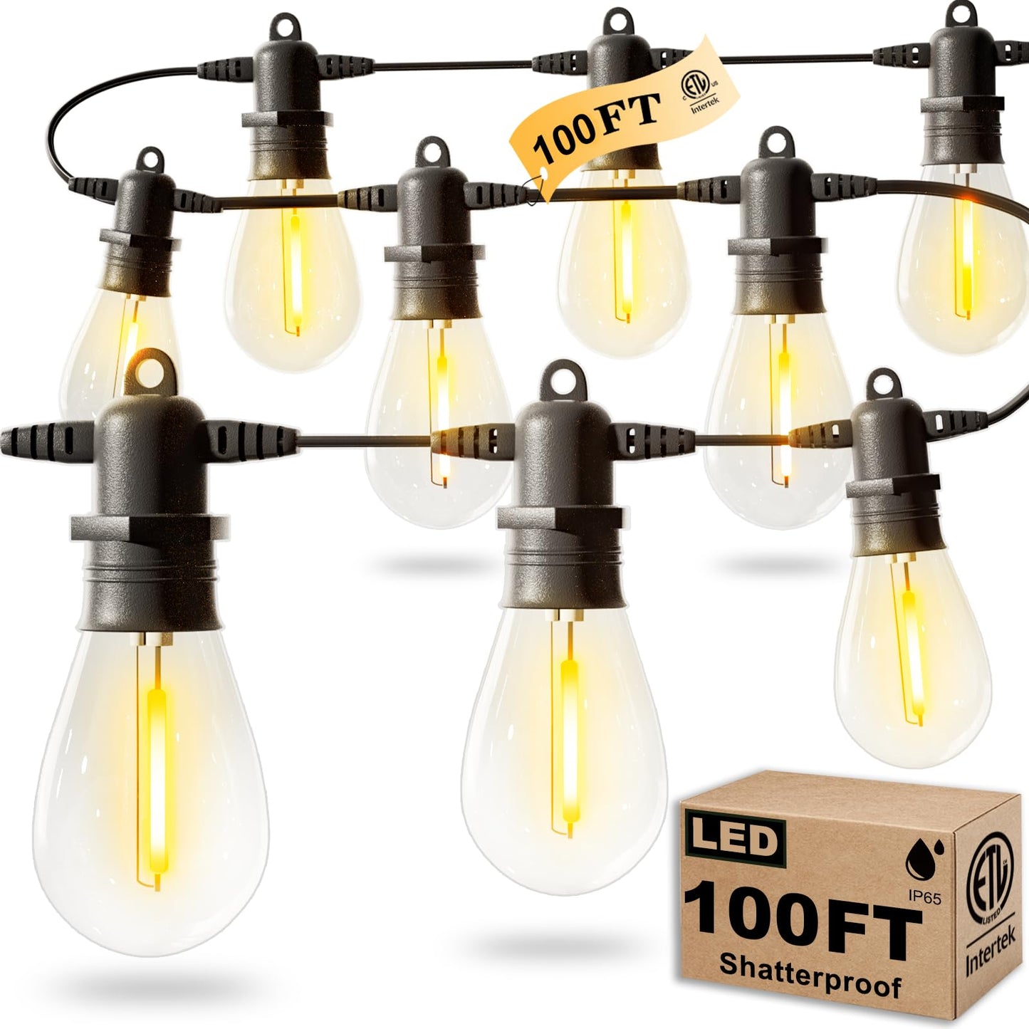Rynx | Jerritte 100Ft Led Outdoor Light Chains, 30 Shatterproof Bulbs, Ip65 Waterproof, Dimmable