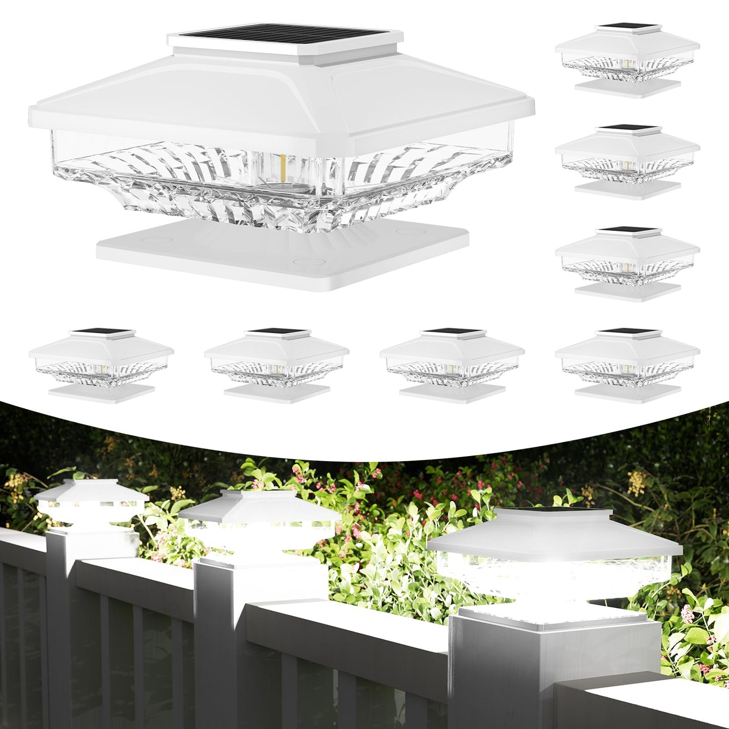 Rynx | Light White 8 Pack Solar Lights for Post Caps, [Non-Hollow Post], Ip65 Waterproof Solar Lights for Post Caps Outdoor, Cover Post Cap Lights for 4X4 5X5 6X6 Wooden Posts in Garden Decor
