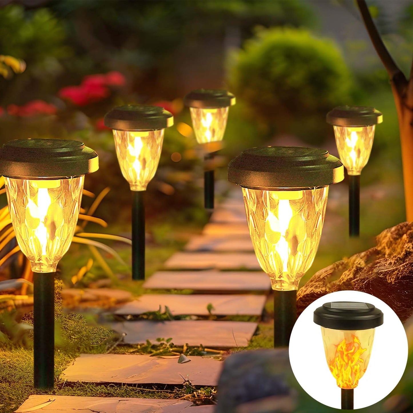 Rynx | Ideals 4Pk 2 Modes (Continuous/Flickering) Solar Outdoor Path, Solar Garden Lanterns, Automatic On/Off Torches with Flickering