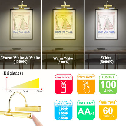 Rynx | Biglight Wireless Led Picture Lighting With Remote Control, Dimmable Gold Lamp For Art & Portraits, 13 Inches
