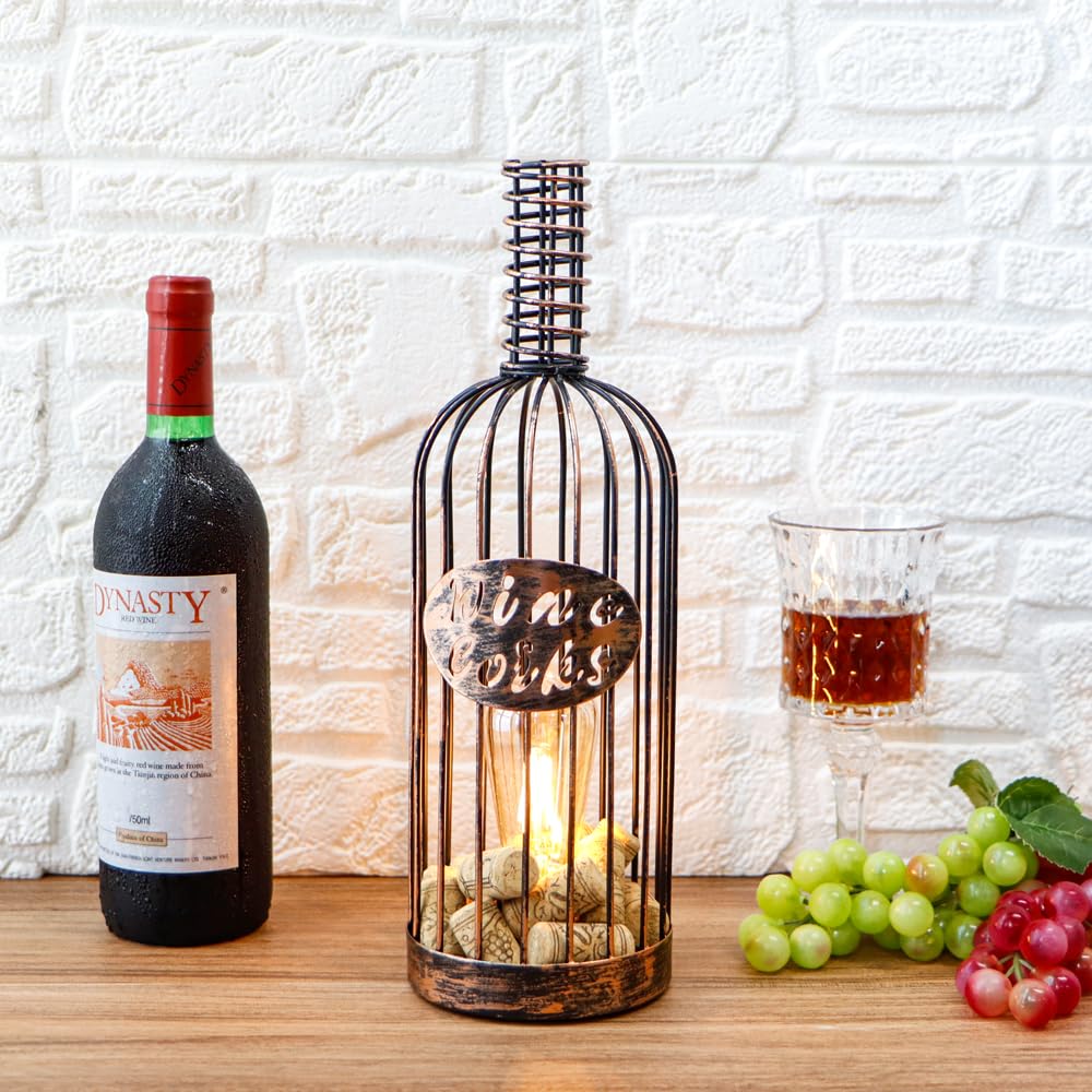 Rynx | Jhy Design Decorative Table Lamp Battery Powered 13.5”H Wireless Metal Wine Cork Holder Lamp With 6-Hour Timer For Table Home Patio Dining Room Living Room (Black Brushed Gold)
