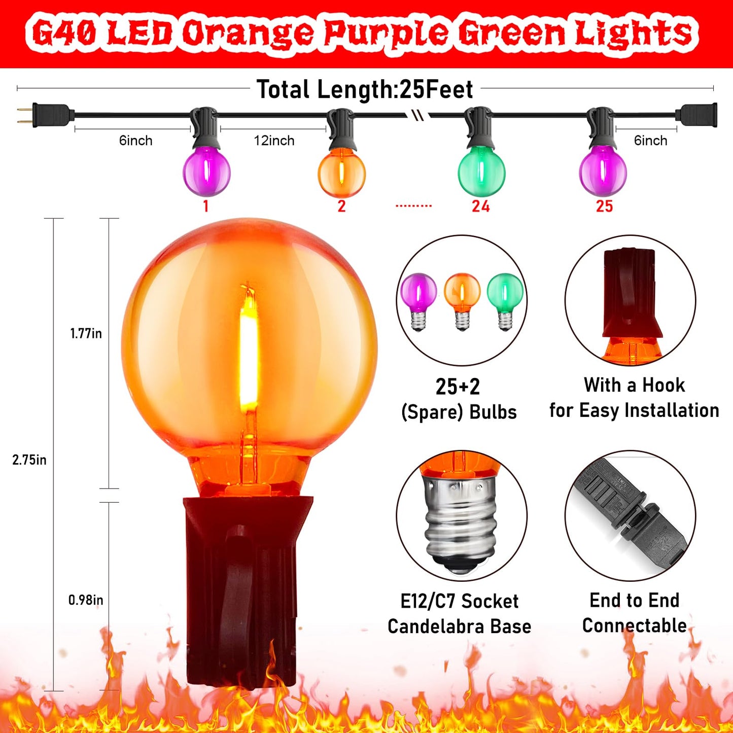 Rynx | Sunsgne 25Ft Globe Outdoor Halloween String Lights - 27 Shatterproof Led In Orange Green Purple