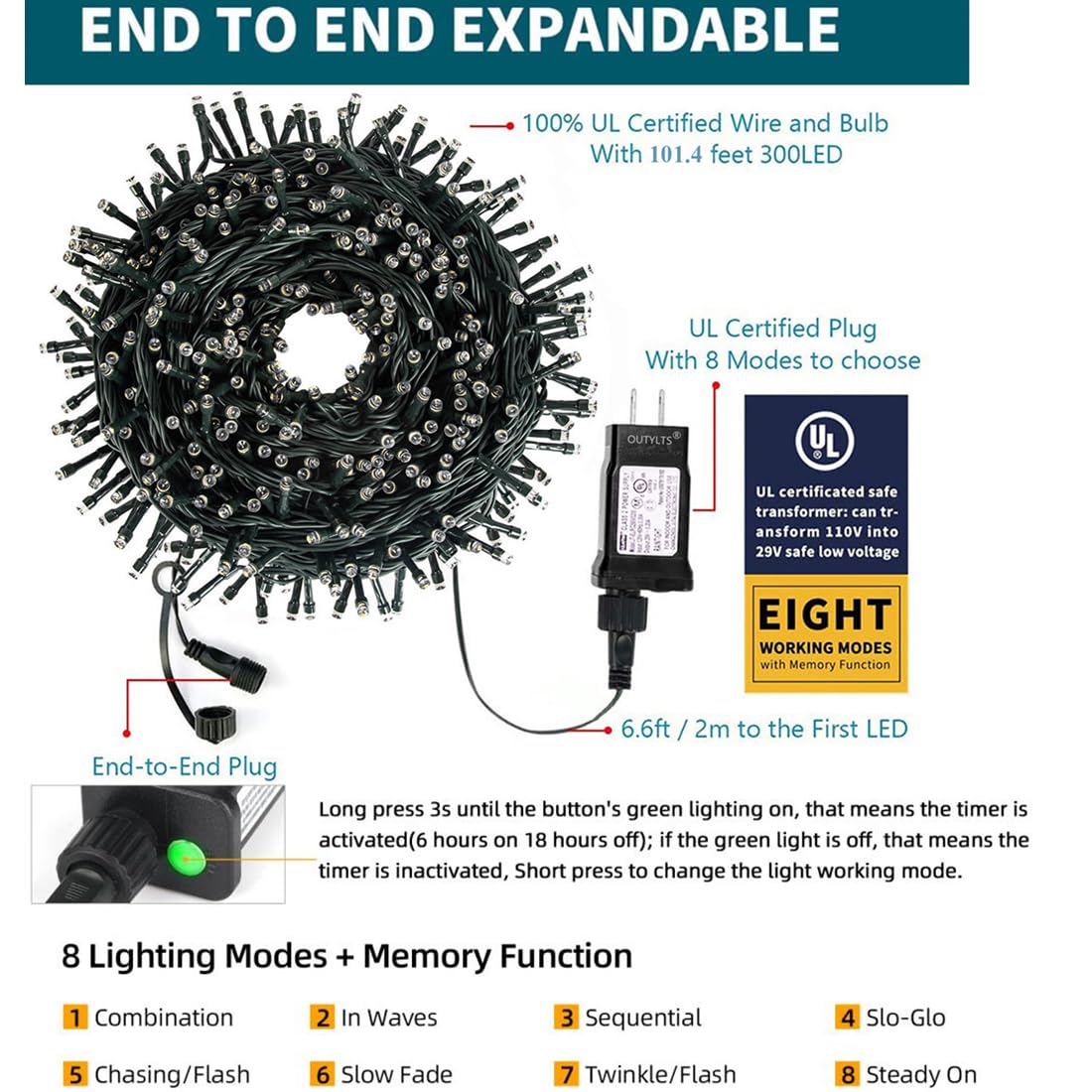 Rynx | Outylts 108Ft 300 Led Warm White Christmas Lights, Waterproof, 8 Modes, Indoor/Outdoor