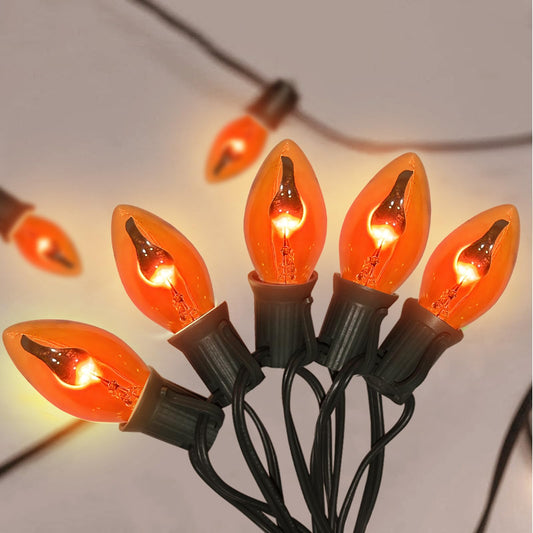 Rynx | 25Ft Orange Halloween Lights Outdoor, C7 Halloween Decorations Lights with 27 Orange Flameless Bulbs, Vintage Christmas Flickering Lights for Patio Garden Party Christmas Trees Decoration - Black Wire