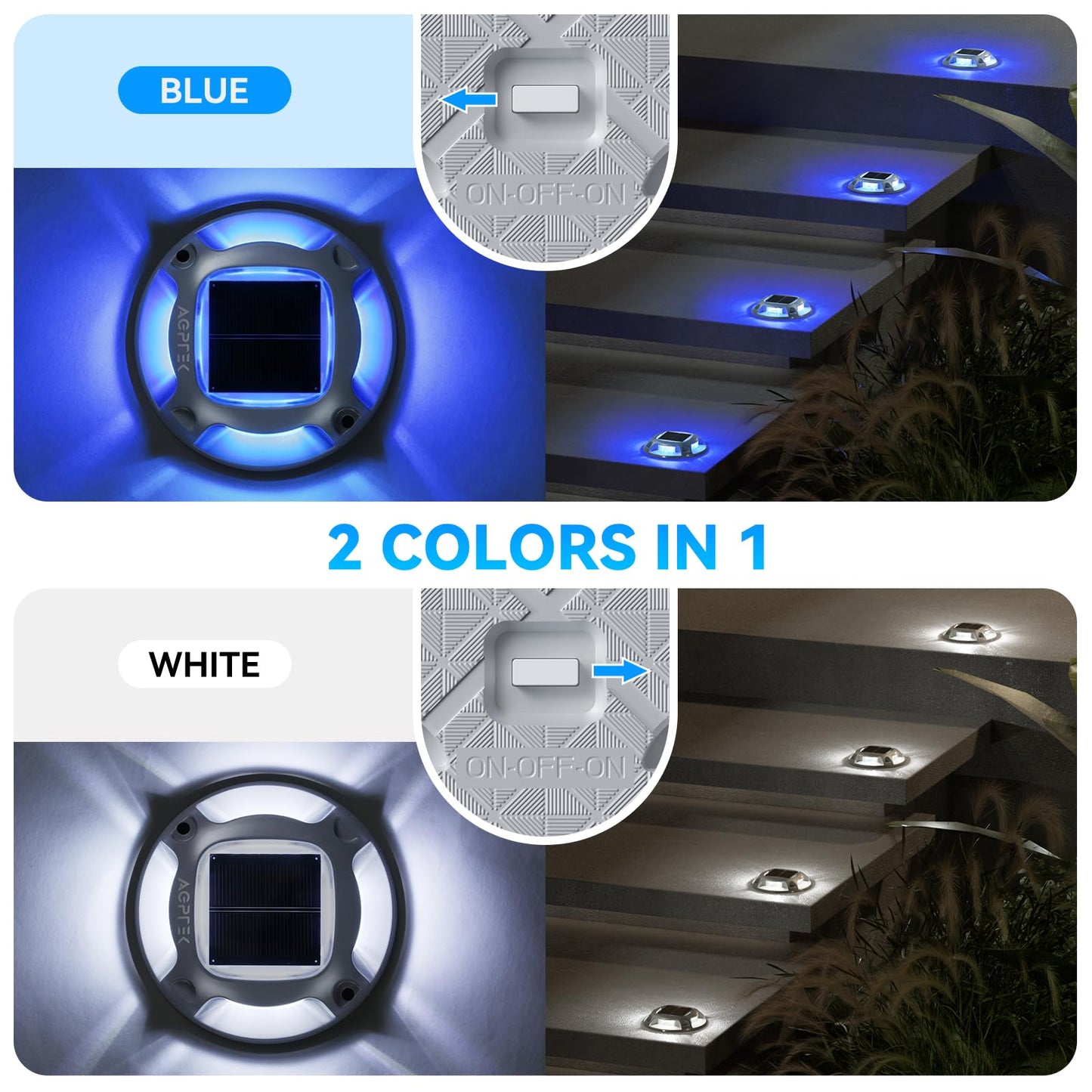 Rynx | Agptek 4 Pack Solar Driveway Lights - Waterproof Led Dock Markers, Blue & White For Path, Garden