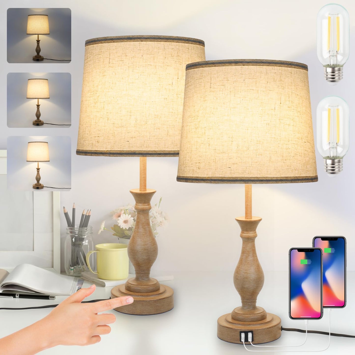 Rynx | Touch lamps for bedroom Set of 2, Rustic table lamp with two USB charging ports, 3-level dimmable nightstand lamps with linen