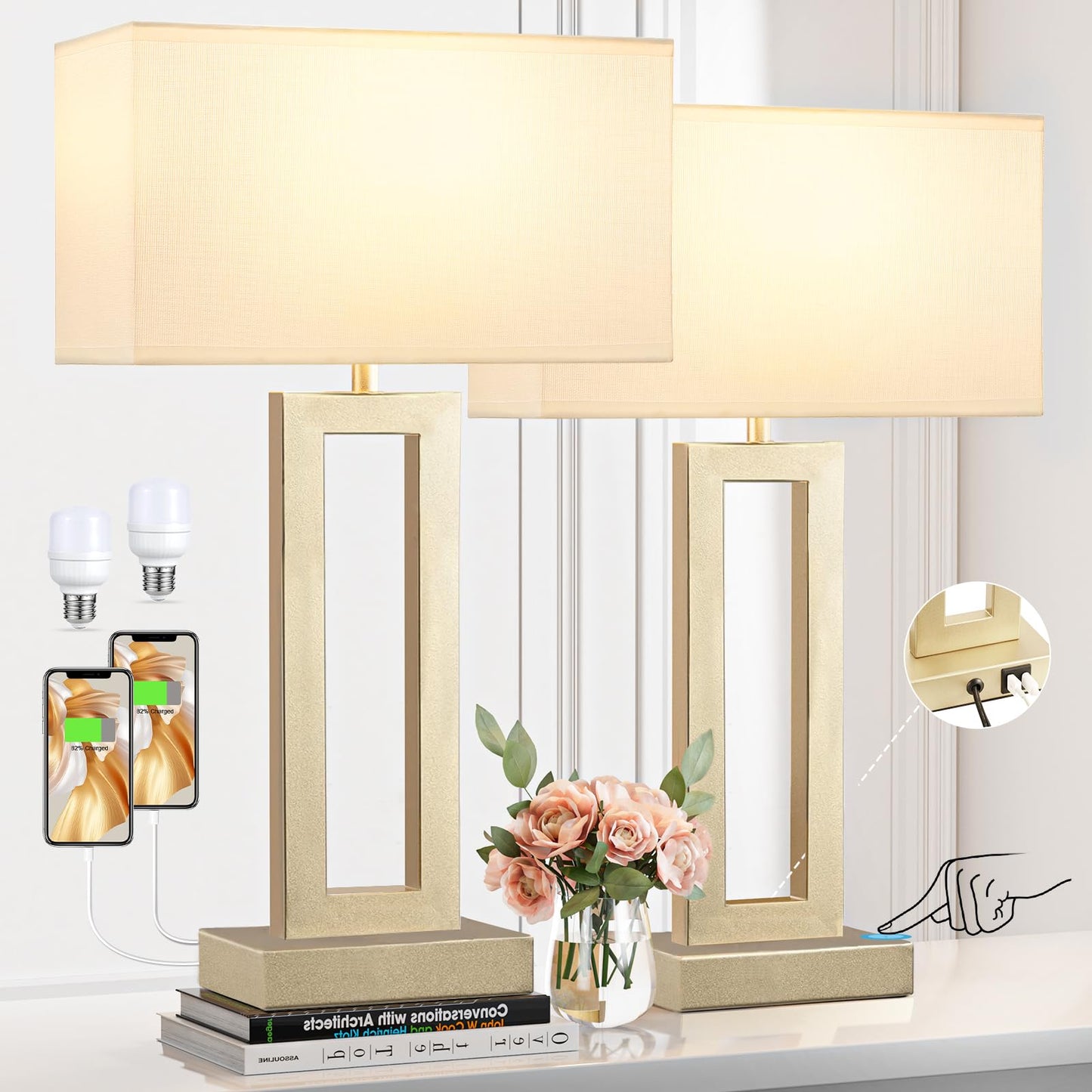 Rynx | Rynx 22'' Height Bedroom Lamps For Living Room - Touch Gold Bedside Lamps With Usb C+A, 3 Way Dimmable For Nightstand, Modern N