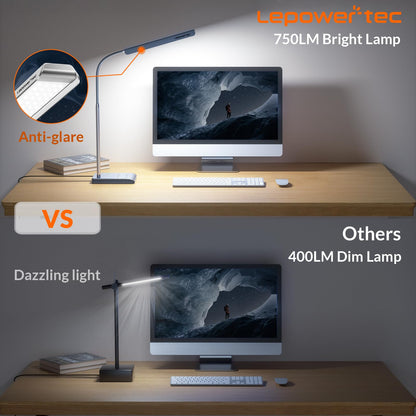 Rynx | Lepower-Tec LED Desk Lamp, 12W Touch Control, 60 Modes, Eye-Friendly Goose Neck, Silver