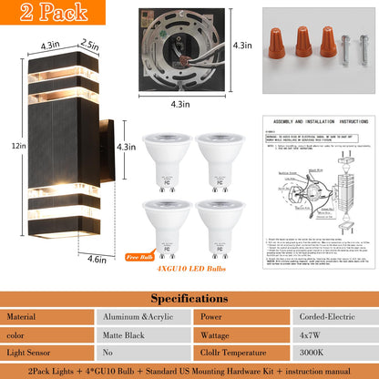 Rynx | Zsmaiku Modern Outdoor Wall Lamp 3000K Led, Waterproof Aluminum, 2-Pack Up/Down Lighting