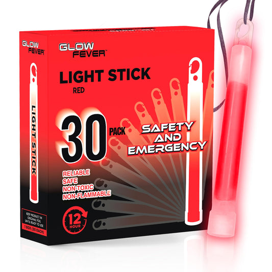 Rynx | Glow Fever Emergency Safety Military Grade 6'' Light Sticks, Light Up Ultra Bright Glow Sticks With 12 Hours Duration. For Camping Trip Power Outage Hurricane Shelter Emergency Kit (Red, 30Pcs)