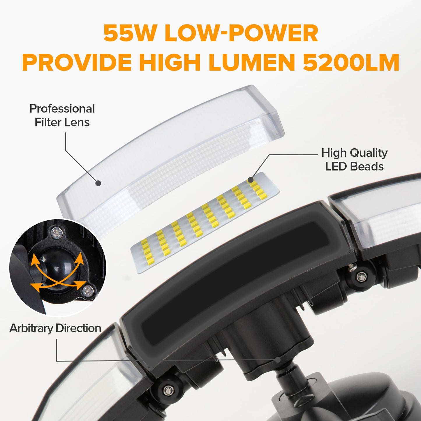 Rynx | Lutec 55W Led Floodlight, 5200Lm, 3 Adjustable Heads, Ip65 Waterproof, Black