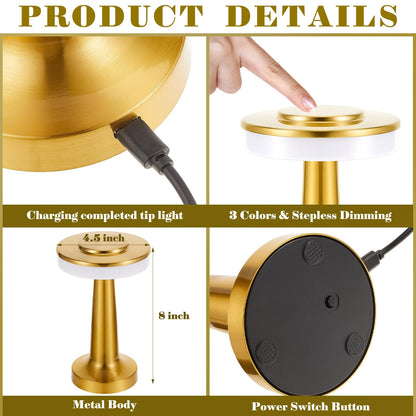 Rynx | Riakrum LED Table Lamp Set of 2, Touch Sensor, 3 Color Dimming, Rechargeable, Gold