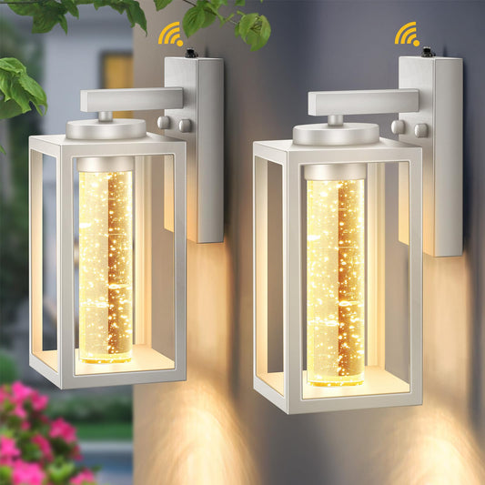 Rynx | Vianis 2 Pack Dusk To Dawn Outdoor Wall Sconce Lighting, White 10W LED Outdoor Lantern Light Fixtures Wall Mounted, Stainless Modern Outdoor Front Door Light For House Porch With Crystal Bubble Glass