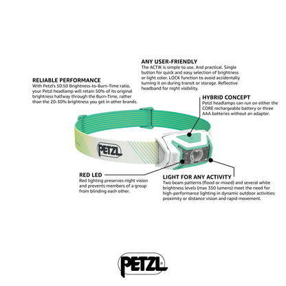 Rynx | Petzl Actik Core Headlamp - 600 Lumen Rechargeable Light With Red Mode For Hiking & Camping - Green