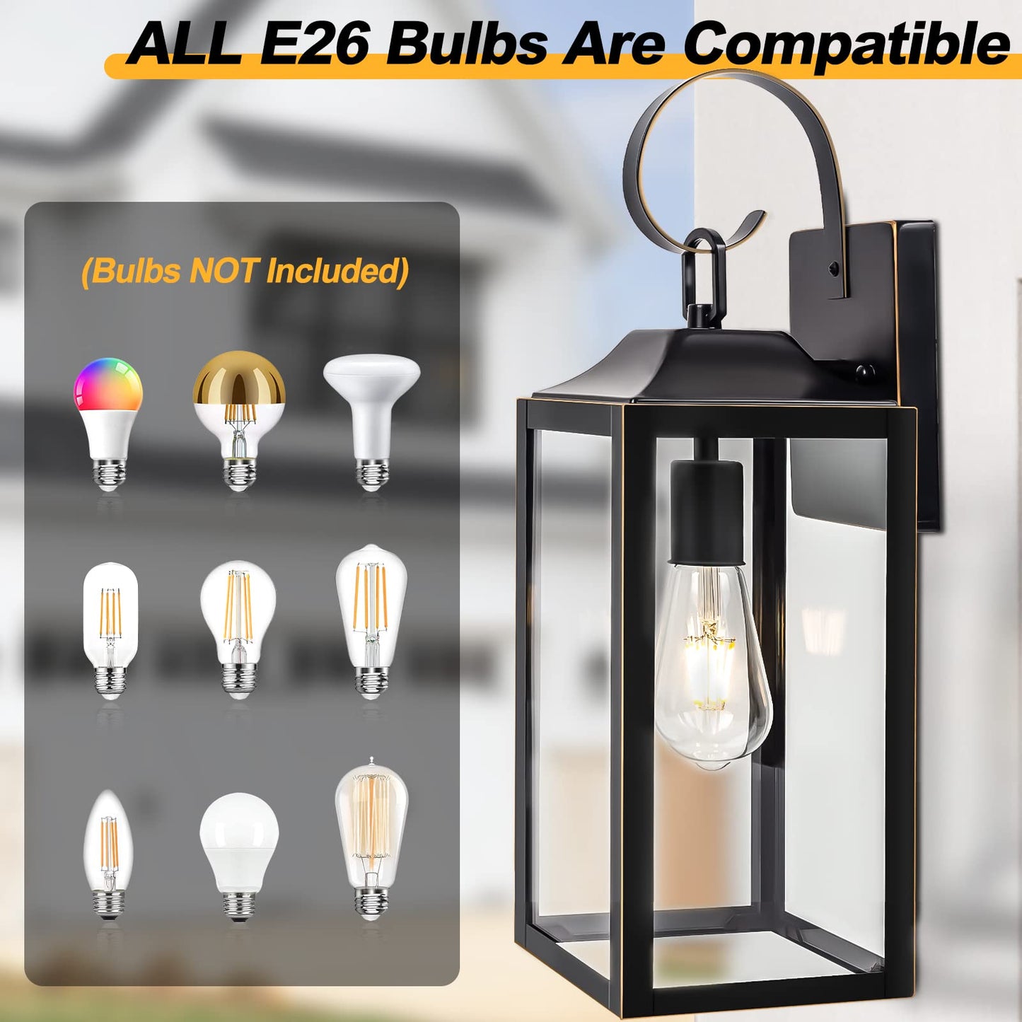 Rynx | Yolsunes black outdoor wall lamp, 19" courtyard wall lamp, waterproof metal lantern with gold trim
