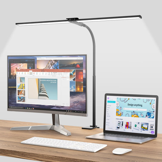 Rynx | LED Desk Lamp For Home Office, Light Double Head Desk Lamp With Clamp, Dimmable 5 Color Modes Desk Lighting, 12w Eye-Friendly Architect Table Lamp For Workbench, Screen, Reading, Study, 1400lm