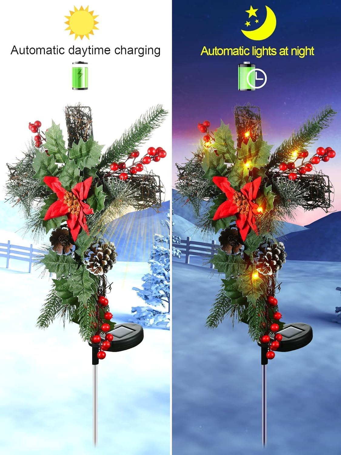 Rynx | Aiscool 2 Pack Solar Cross Stake Lights - Waterproof, Automatic On/Off, 10 LEDs For Christmas Decoration