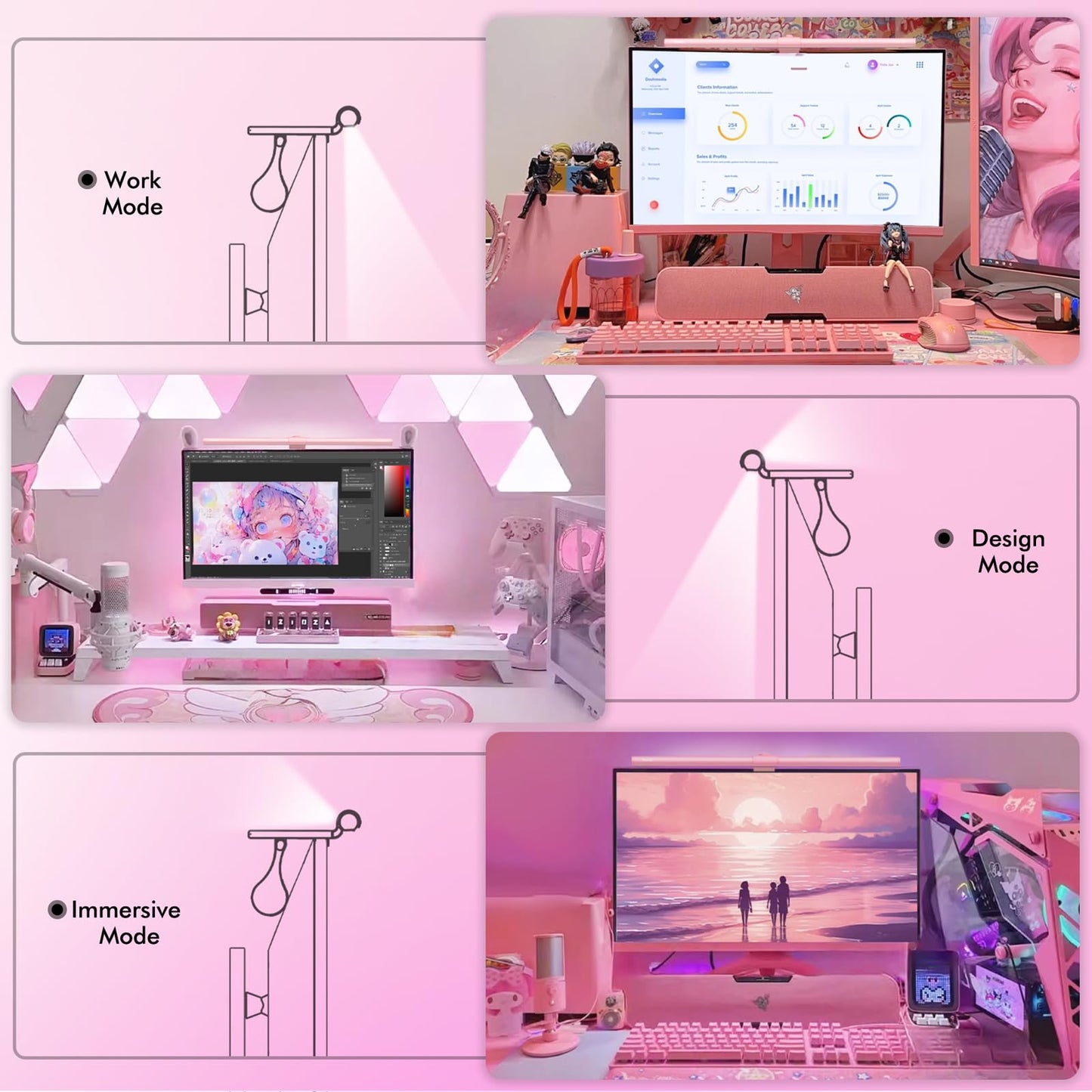 Rynx | Quntis Pink Monitor Light Bar With Remote Control, Eye Care Dimming Desk Lamp For Home Office & Gaming