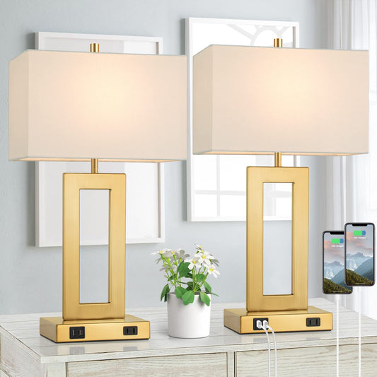 Rynx | 22? Bedside Lamps For Bedroom Set Of 2, Gold Nightstand Usb Desk Lamp With Ac Outlet, Touch Control Modern Vintage Coffee Table