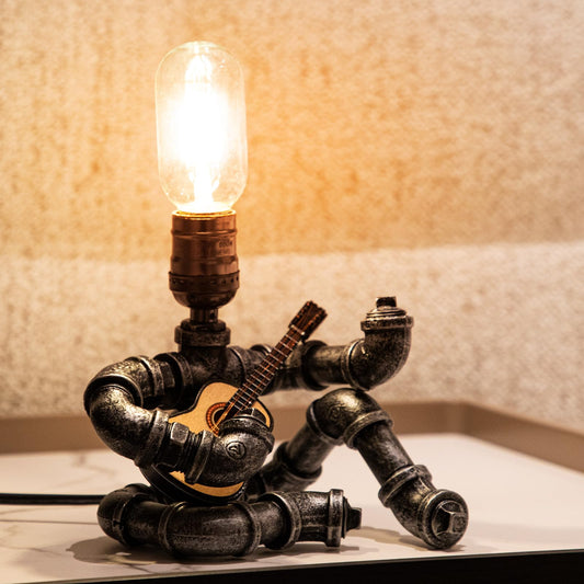 Rynx | Lcyy.Tg Music Guitar Table Lamp, Steampunk Table Lamp, Retro Guitars Steampunk Lamp, Industrial Metal Pipe Robot Lamp Cool Guitar Thing Gift For Men Music Lovers (Bulb Not Included)