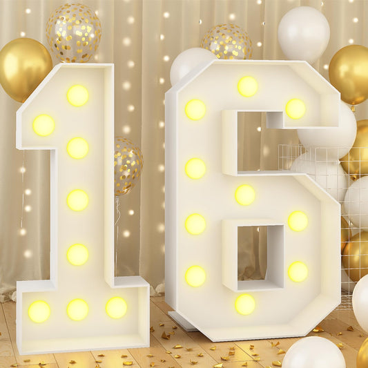 Rynx | 4Ft Illuminated Tall 16 Large Tall With Light Bulbs White Awning Frame For 16. Party Boys Girls Birthday Decorations Pre-cut Mosaic Cardboard Gigantic Cut-out Thick Foam Pipe Sign Anniversary